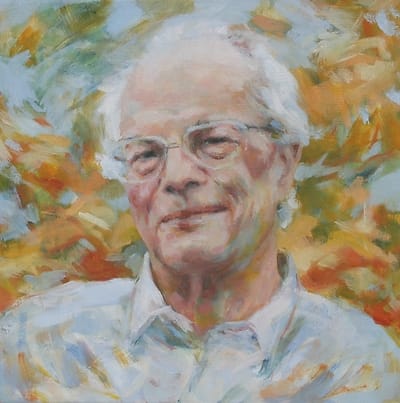 Posthumous oil portrait of a smiling man.