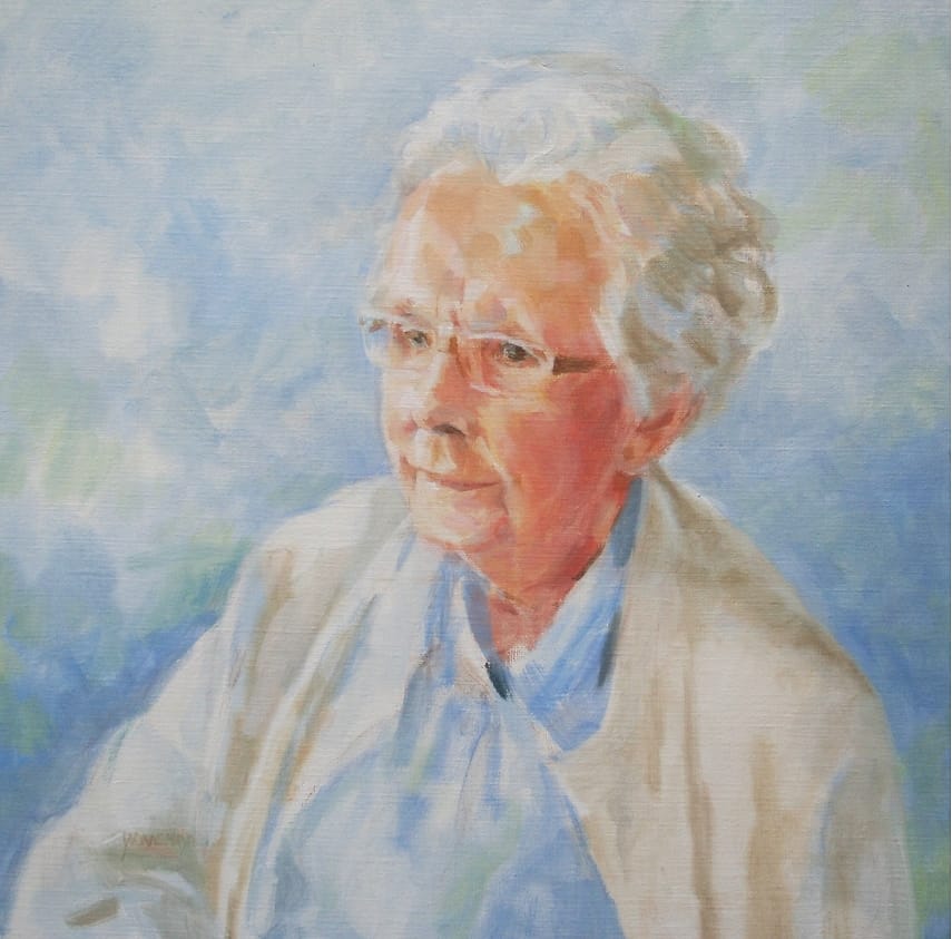 Frail old lady with gray hair and glasses, with overtones of gray and blue.