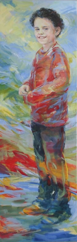 Laughing boy with black curls and a red sweater standing up straight painted over a colorful abstract background.