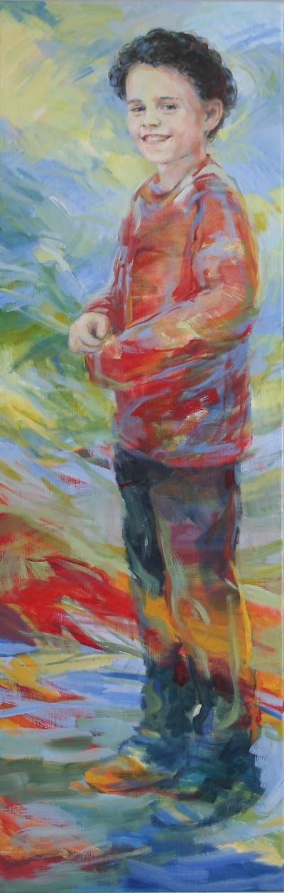 Laughing boy with black curls and a red sweater standing up straight painted over a colorful abstract background.